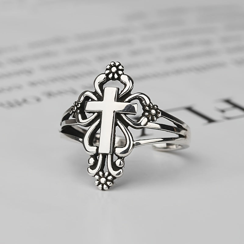 925 Sterling Silver Retro Cross + Flower Cuff Ring