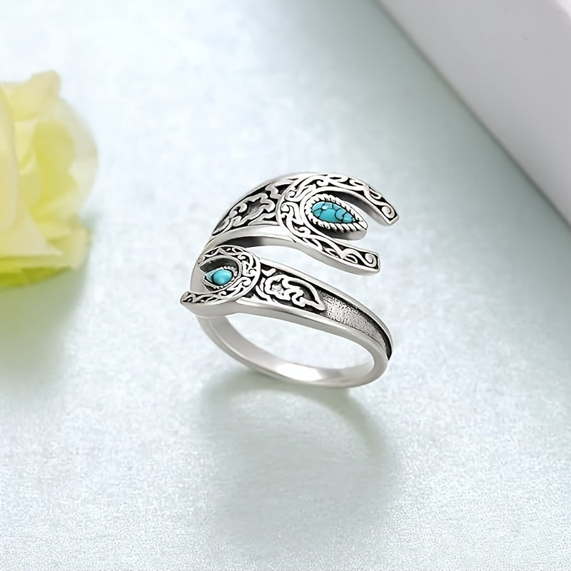 Sterling Silver Moon & Flower Inlaid Turquoise Wrap Ring